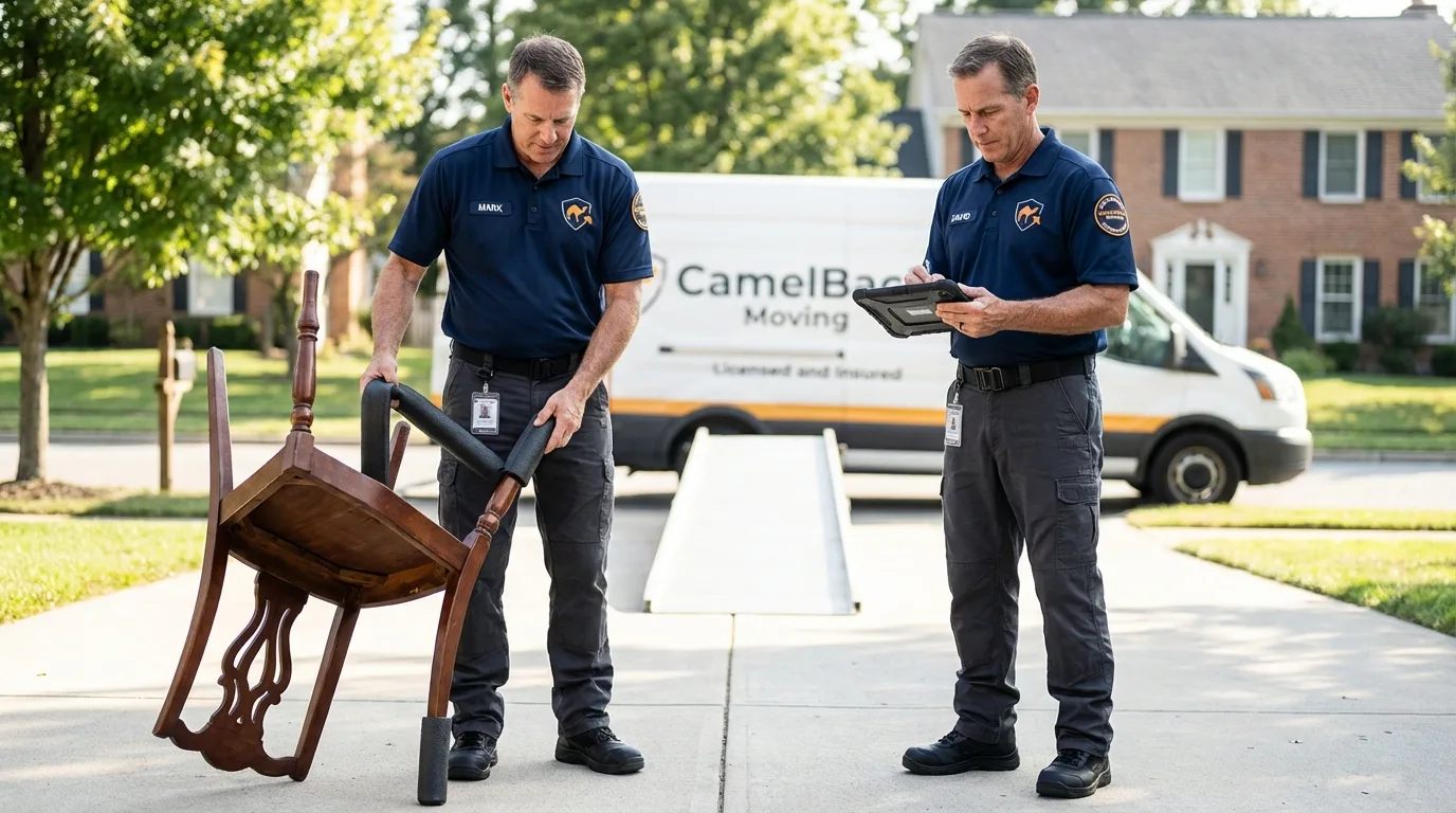 Movers inspecting furniture for damage prevention before loading in Clay Center, KS