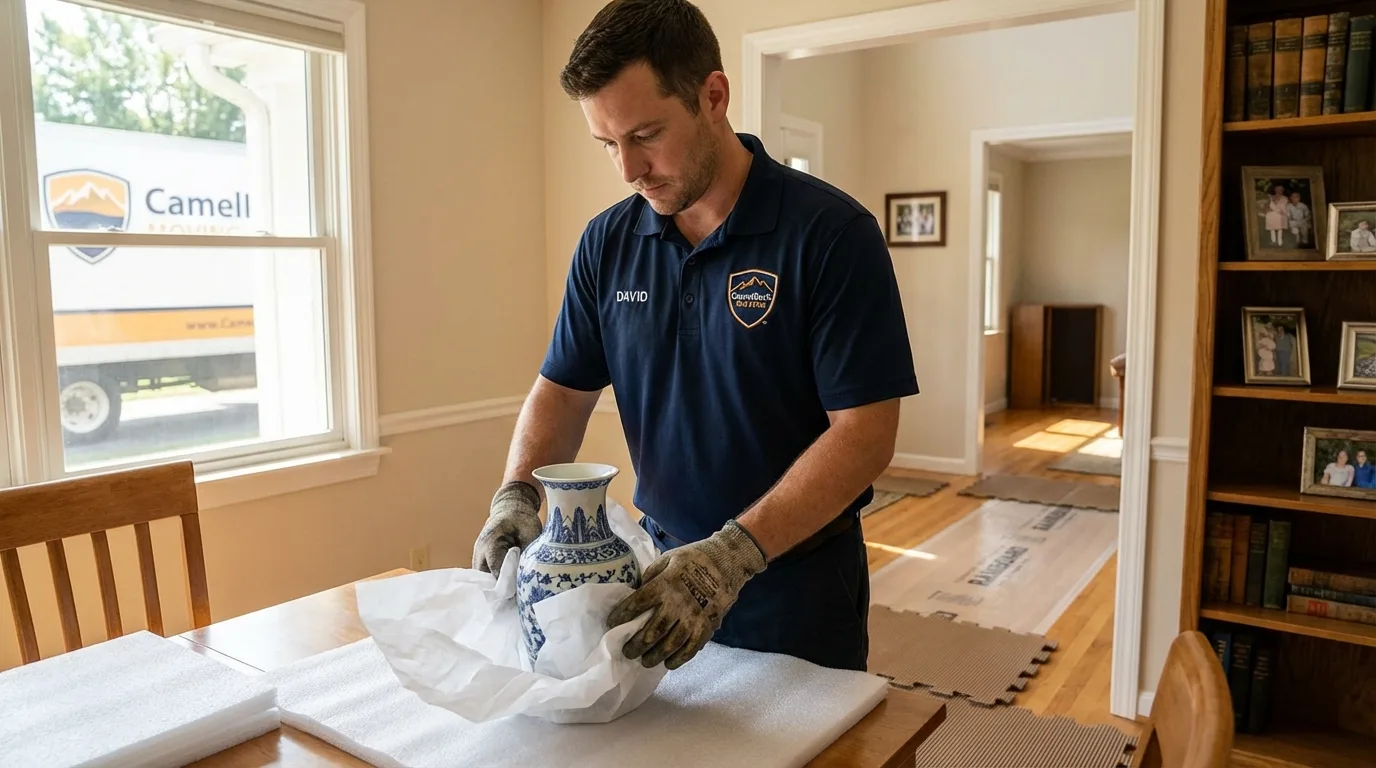 Professional crew carefully wrapping antique vase for senior downsizing move in Clay Center, KS